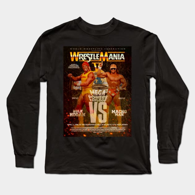 Hulk Hogan-v-Macho Man Wrestlemania5 artwork Long Sleeve T-Shirt by SAN ART STUDIO 